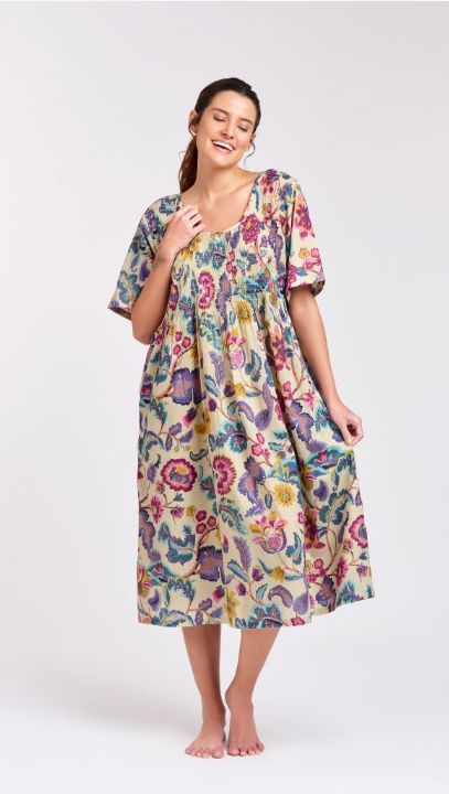 Dress - Shirred Bodice - Purple Floral