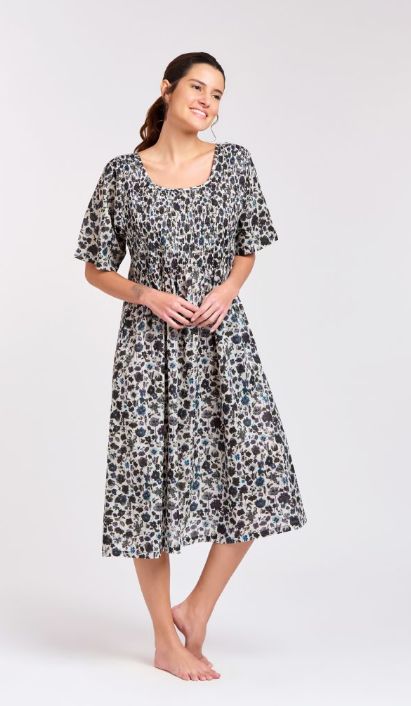 Dress - Shirred Short Sleeve - Black Floral, Colour: Black Floral, Size: XS