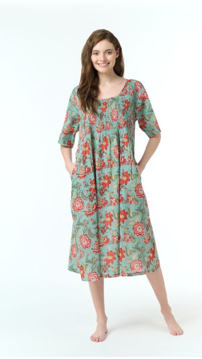 Dress - Shirred Short Sleeve - Green Red Flowers, Colour: Green with Red Flowers, Size: XS