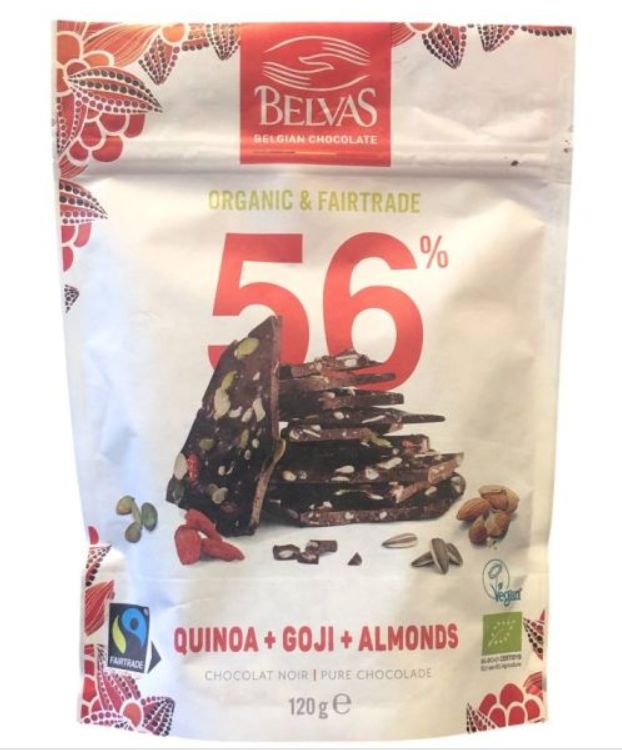 Belvas Dark Choc 56% Quinoa, Goji, Almonds, Sunflower, (organic, FT,GF, VEGAN)