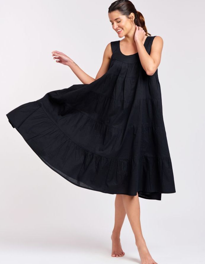 Dress - Tiered Sleeveless - Cotton Black, Size: XS