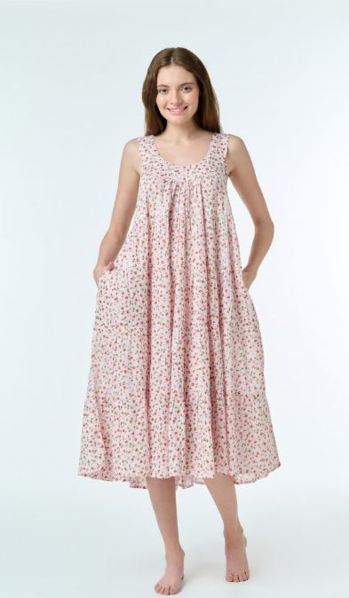 Dress - Tiered Sleeveless - Cotton Pink/Red Flowers, Size: XS