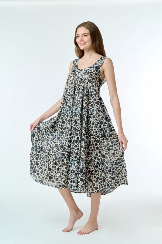 Dress - Tiered Sleeveless - Cotton Black Floral