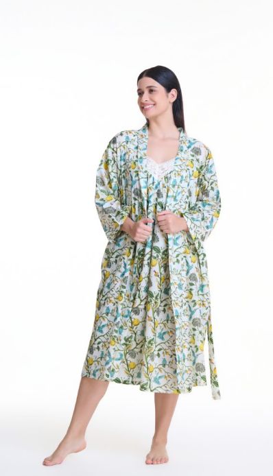 Dressing Gown/Robe - Cotton Lemon Bird, Size: S/M