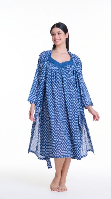 Dressing Gown/Robe - Cotton Blue Geo, Size: S-M