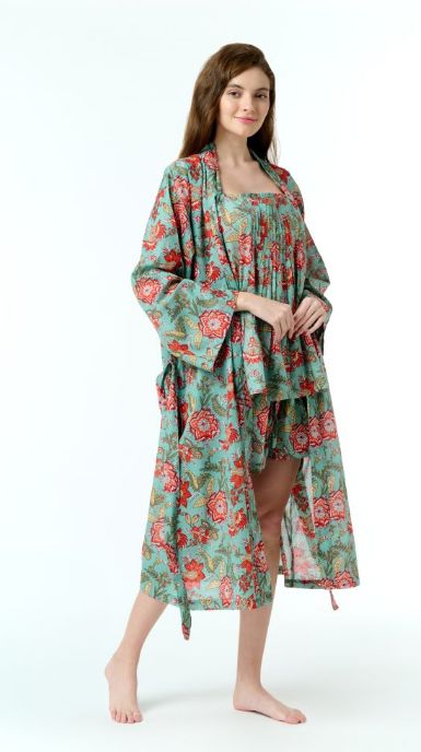 Dressing Gown/Robe - Cotton Green/Red Flowers, Size: S-M