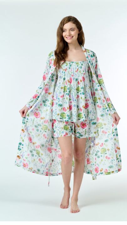 Dressing Gown/Robe - Cotton Watercolour Flowers, Size: S-M