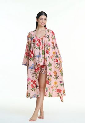 Dressing Gown/Robe - 100% Cotton Pink Flowers