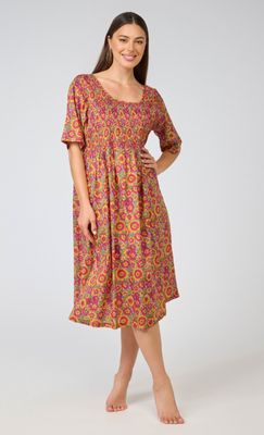 Dress - Shirred Bodice - Yellow Red Floral