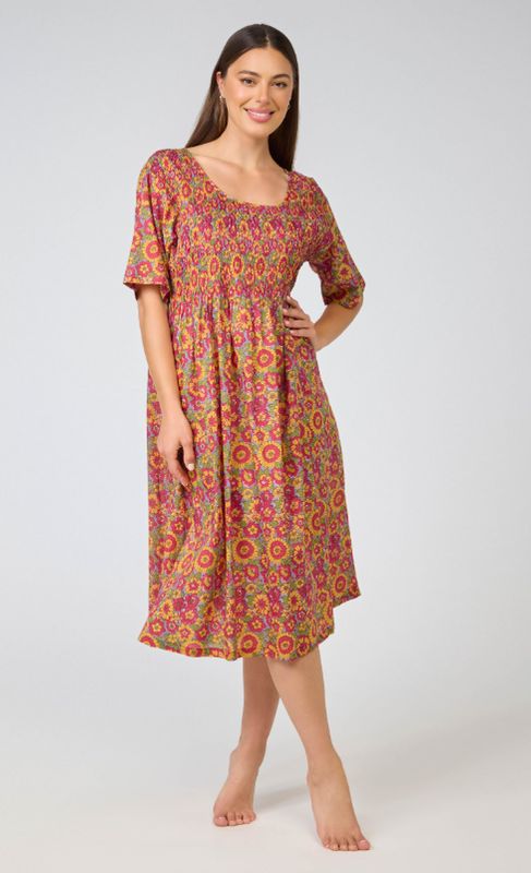 Dress - Shirred Bodice - Yellow Red Floral