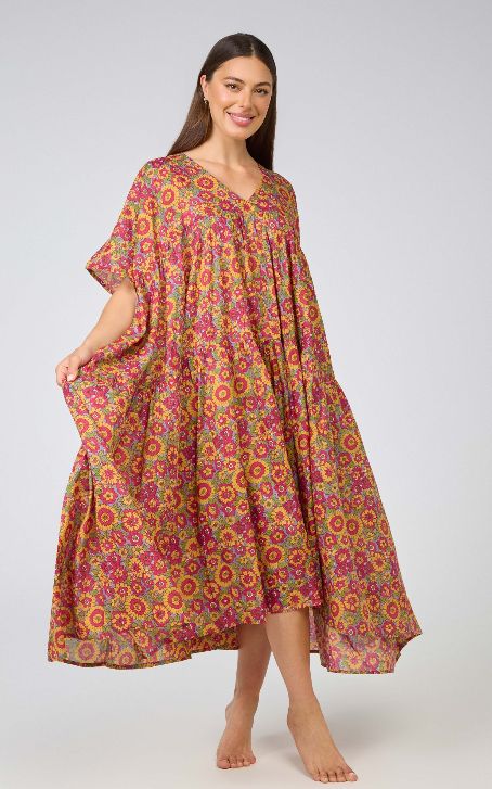 Dress - FreeSize - Yellow Red Floral, Size: One Size