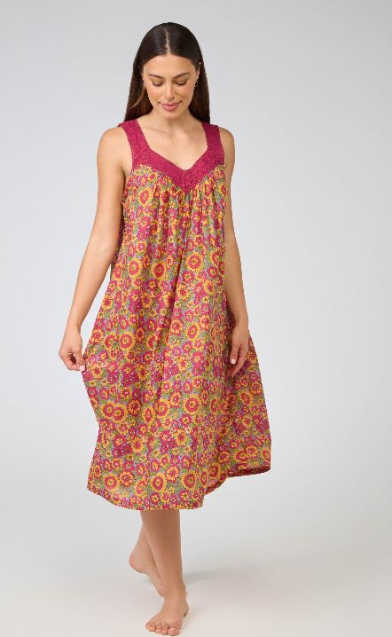 Nightwear - LACE V-Neck Sleeveless - Yellow Red Floral, Size: XS