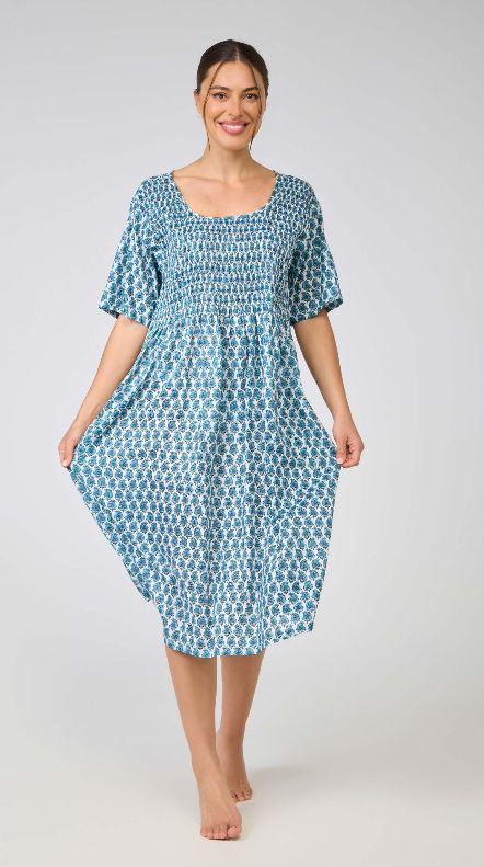 Dress - Shirred Bodice - Blue Paisley