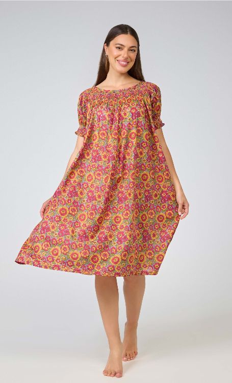 Dress - Shirred Sleeve - Yellow Red Floral, Size: XL-2XL