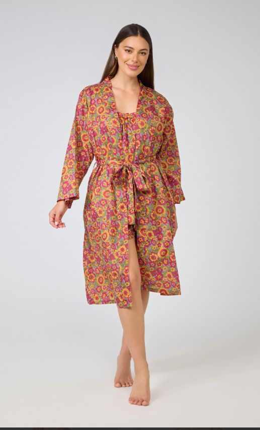 Dressing Gown/Robe - Yellow Red Floral, Size: S-M