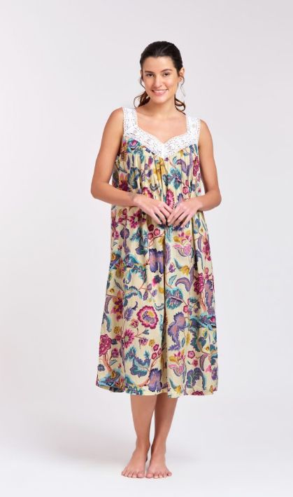 Nightwear - LACE V-Neck Sleeveless - Cotton Purple Floral, Colour: Purple Floral, Size: XS