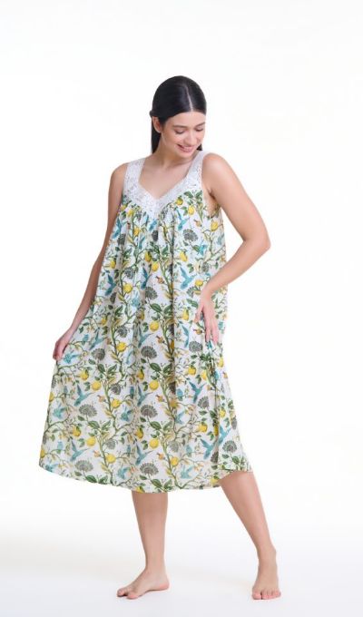 Nightwear - LACE V-Neck Sleeveless - Cotton Lemon Bird, Colour: Lemon Bird, Size: XS