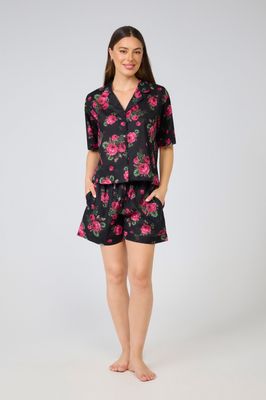 Nightwear-Pyjama Short Sleeve Set - Black Pink Floral