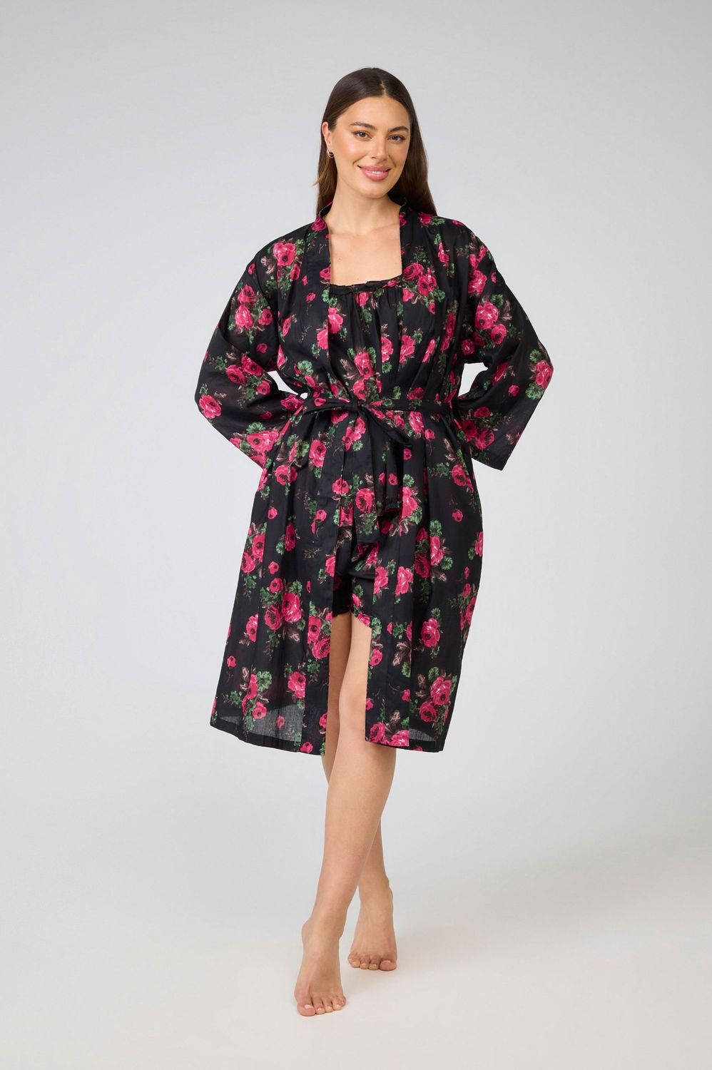 Dressing Gown/Robe - Black Pink Floral, Size: S-M