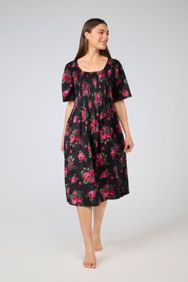 Dress - Shirred Bodice - Black Pink Floral