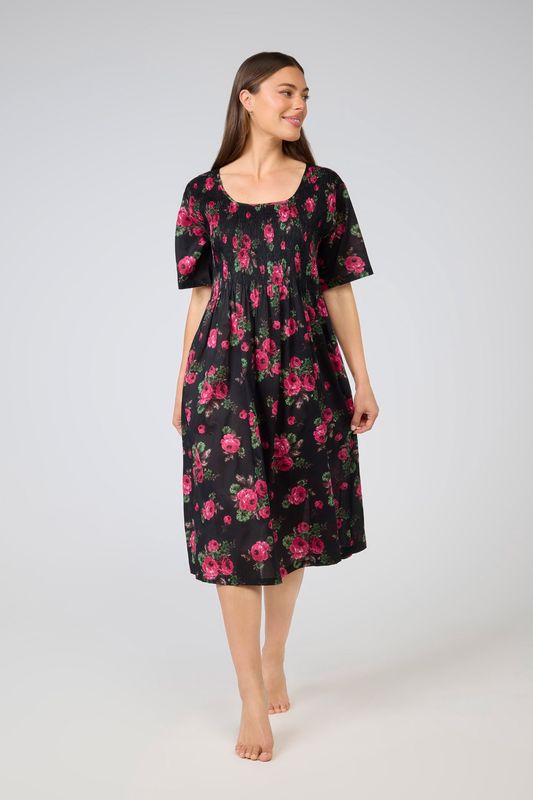 Dress - Shirred Bodice - Black Pink Floral