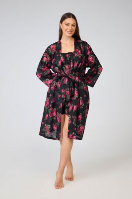Dressing Gown/Robe - Black Pink Floral