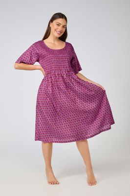 Dress- Shirred Bodice - Purple Red Floral