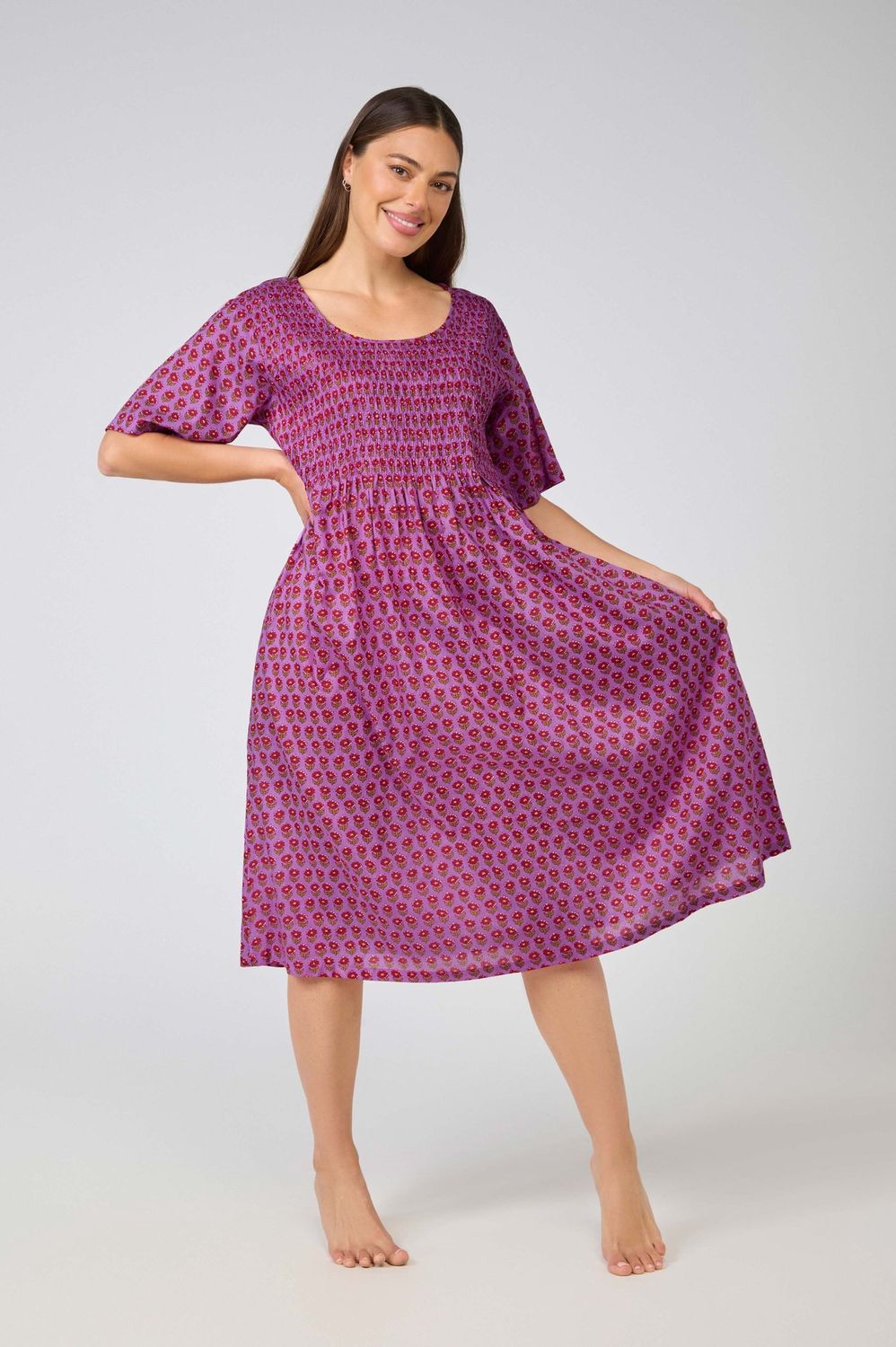 Dress- Shirred Bodice - Purple Red Floral, Size: XS