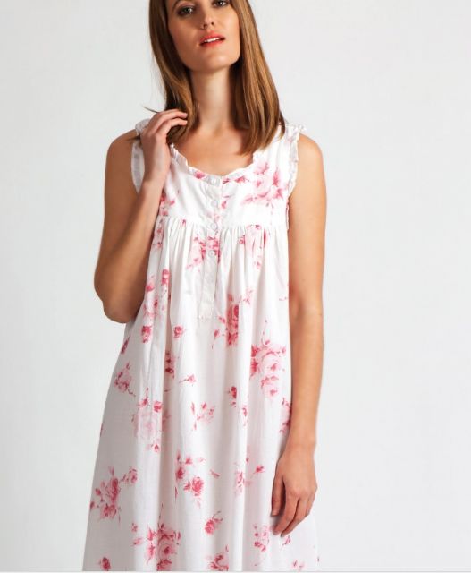 Nightwear - Shoulder-button Sleeveless Cotton White/Pink Floral, Colour: White/Pink MD7Floral2, Size: XS