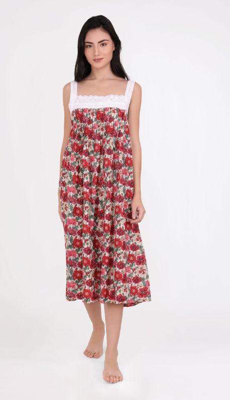 Nightwear - LACE Pin Tucked Sleeveless - Cotton/Poppy Red, Colour: Poppy Red, Size: XS