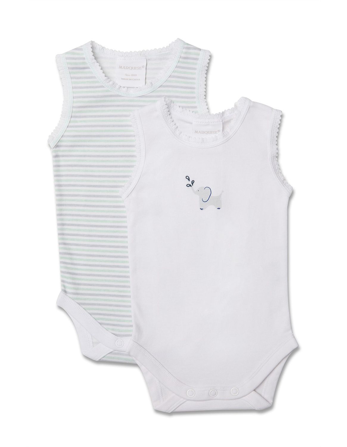 Bodysuit Sleeveless - 2pk White/Green Elephant, Size: 000