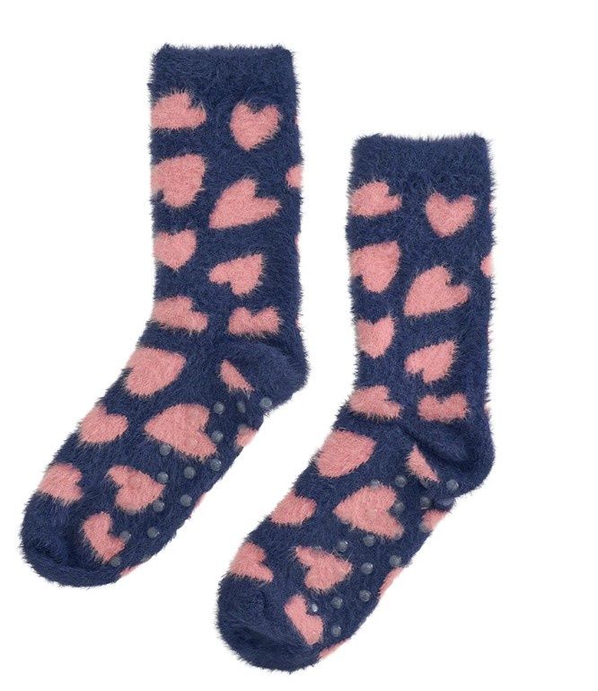 Socks Mid - Fuzzy Bed - one size, Pattern: Navy - Pink Hearts