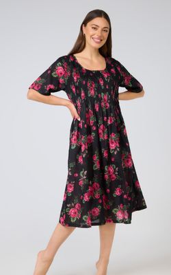 Dress - Shirred Bodice - Black Pink Floral
