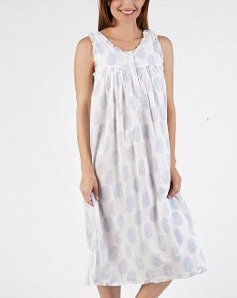 Nightwear - Shoulder-button Sleeveless - Blue Paisley Cotton, Size: XS