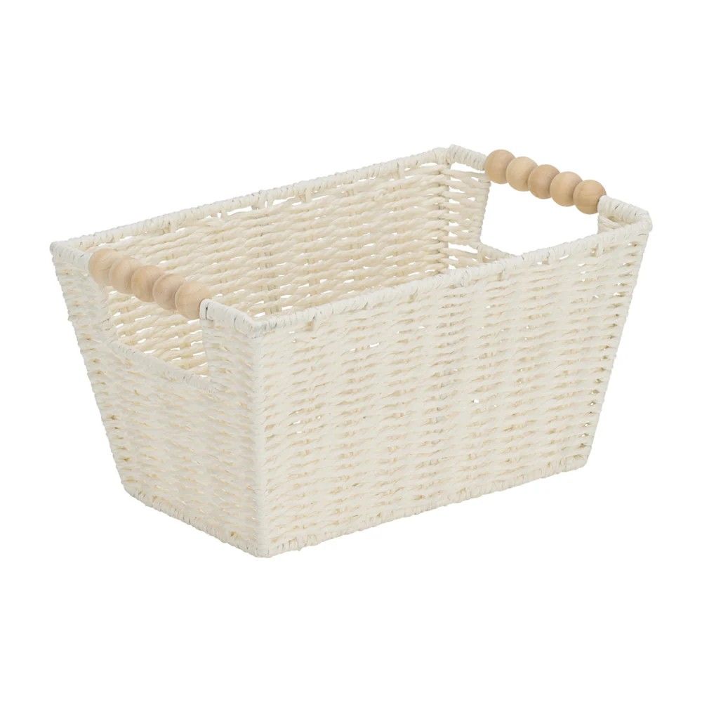 Papier Woven Basket w Wooden Beads - White