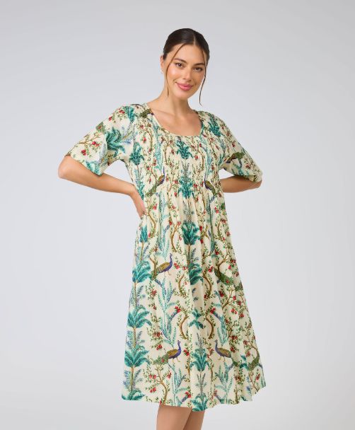 Dress - Shirred Bodice - Peacock Palm, Size: XS