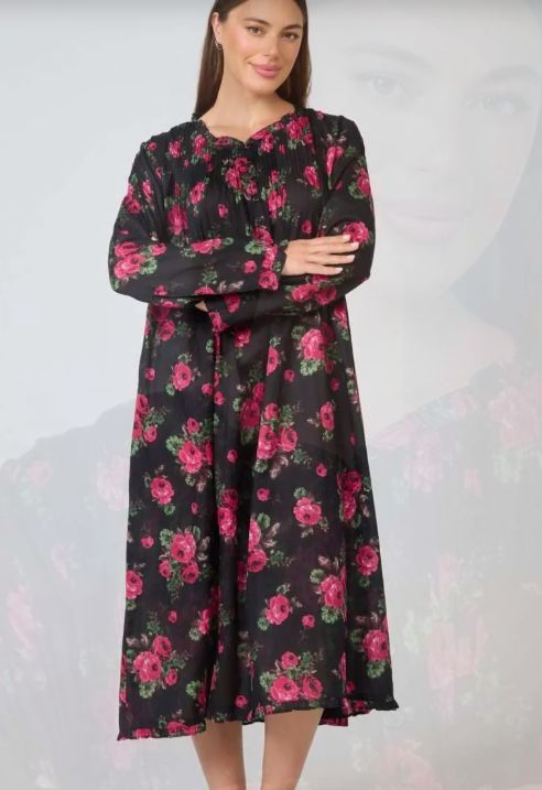 Nightwear - LONG Sleeve Black Pink Floral, Size: XS