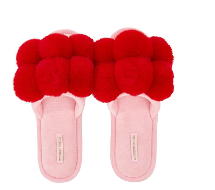 Slippers MEDIUM Open-Toe - Ladies Luxe PomPom, Colour: Cherry Red