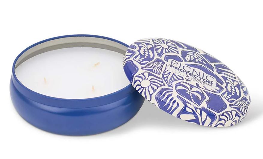 Citronella Candle in Tin, Pattern: Blue Oasis