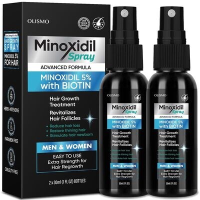 OLISMO 5% Minoxidil Hair Growth Spray 2x30ml (1FL OZ) BOTTLES