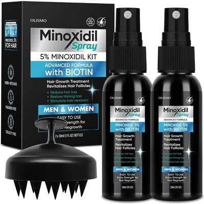 OLISMO 5% Minoxidil Hair Growth Spray with Manual Hair Scalp Brush 2x30ml (1FL OZ)