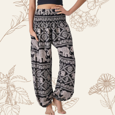 Elephant Boho Yoga Hippie Harem High Waisted Pants with Pocket - Women
