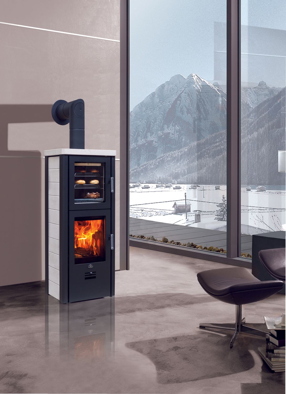 Kaminofen Max Blank Bamberg BF 6,5 kW mit Backfach Naturstein creme glatt