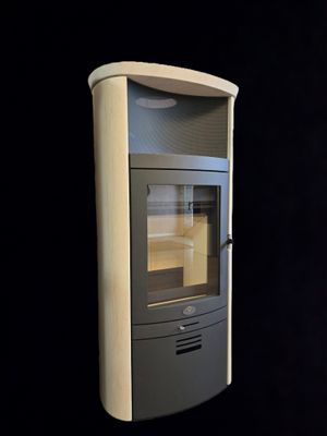 Kaminofen mit Warmhaltefach Max Blank ​Rio WF Stone 6,5 kW Naturstein creme glatt