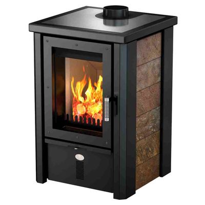 Kaminofen Max Blank Odin Cook 8,2 kW mit Naturstein Schiefer herbstlaub