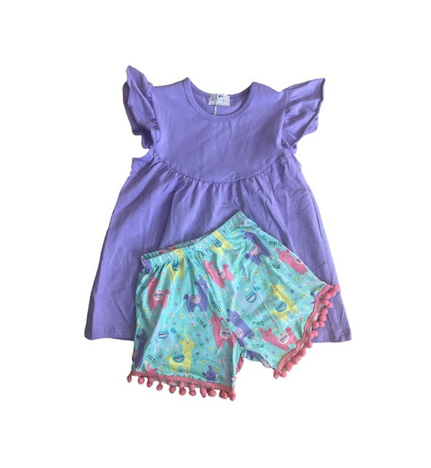 Pete + Lucy Purple Ruffle Top with Colorful Llama Bottoms