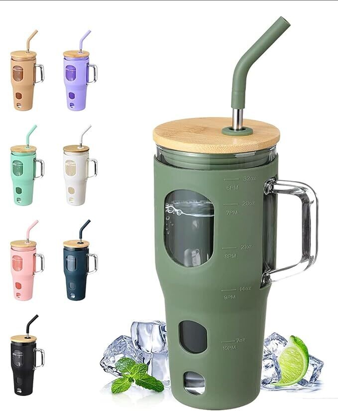 Glass Straw Tumbler - Travel Cup Fits in Cup Holder Spill Proof Green - Bamboo Lid Water Bottle with Straw, Glass Tumbler with Handle, Time Marker and Silicone Sleeve for Iced Coffee 32 oz