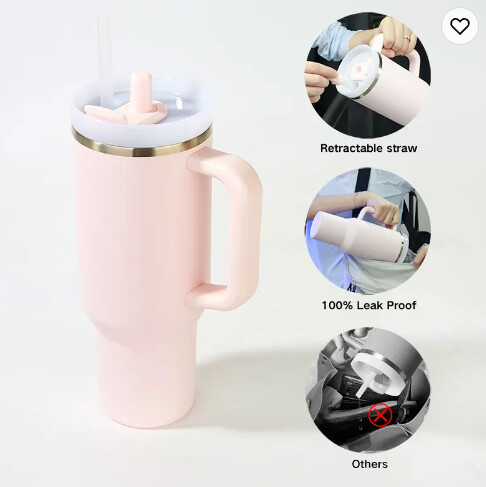 Double wall Vacuum Insulated Stainless Steel Cup 40 oz Tumbler with Straw and Handle - Leak Proof Simple Quencher