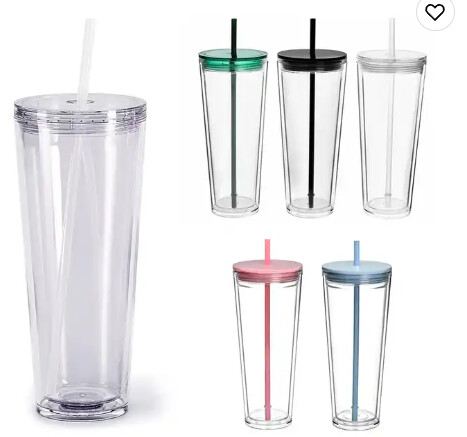 Acrylic Tumbler 24oz Insulated Double Wall Plastic Reusable Clear Cups with Lid and Straw