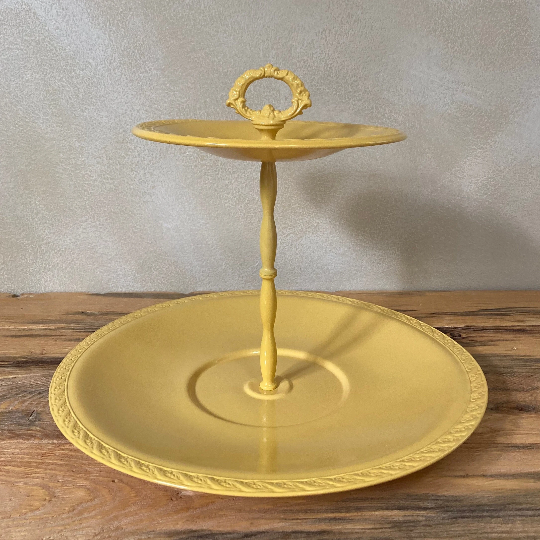 Refurbished Vintage Yellow Two-Tier Metal Tray, Powder Coated Finish, Mid-Century Dessert Stand with Handle, 10 Inches Tall